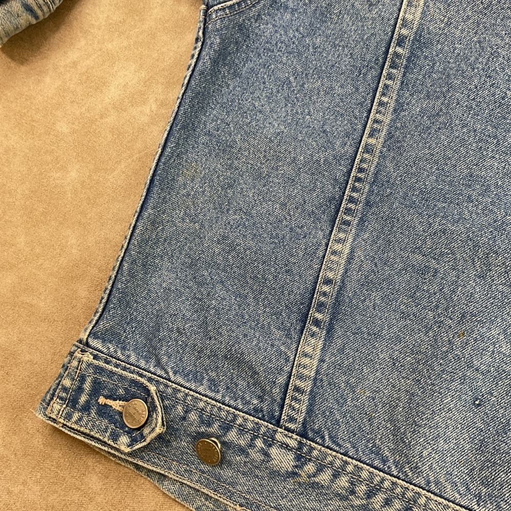 VTG Banana Republic‎ Safari Travel Jean Jacket 90s Denim Leather Trim Trucker L - Picture 8 of 16